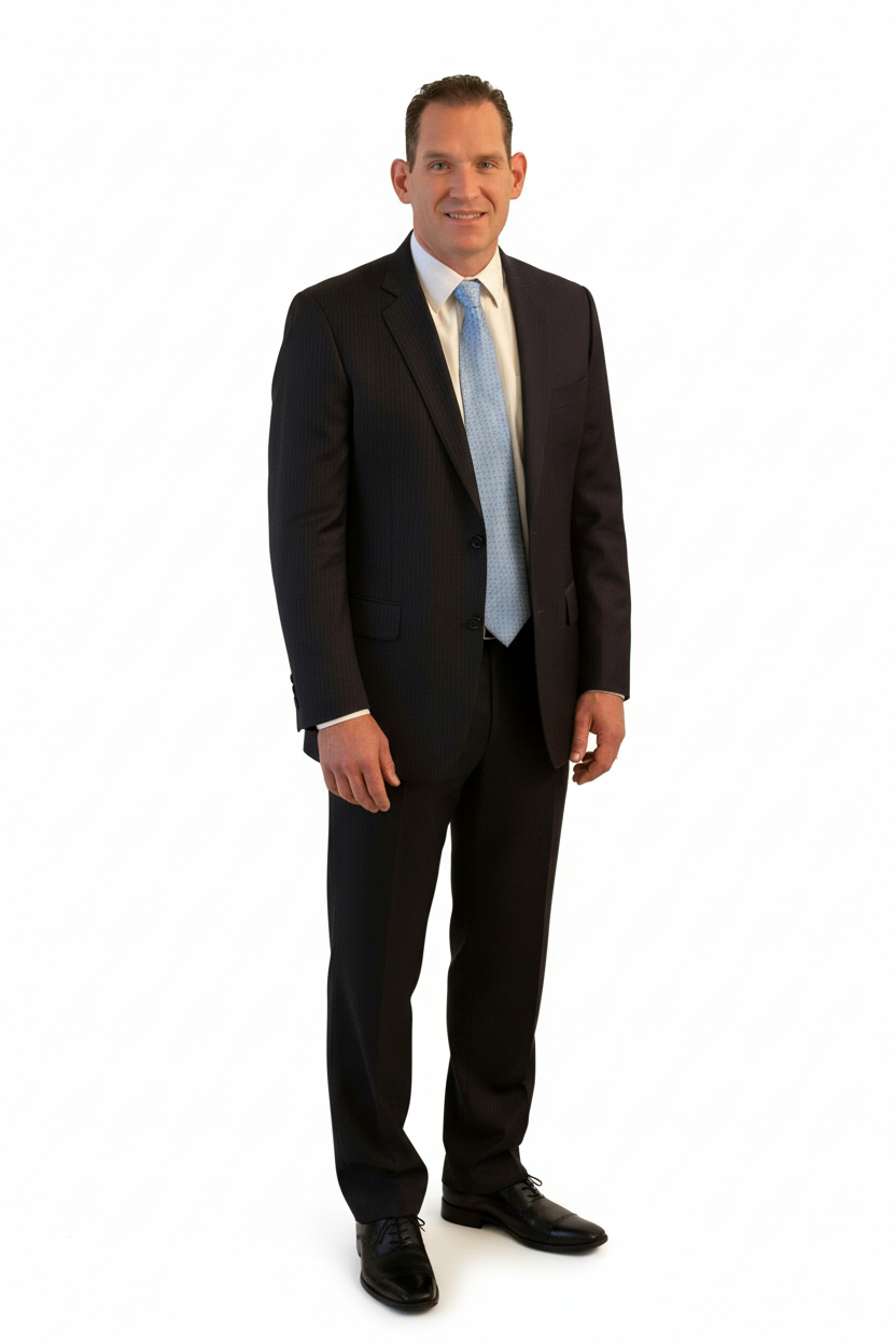 Black and white portrait of a dance instructor posing in front of a dark background.